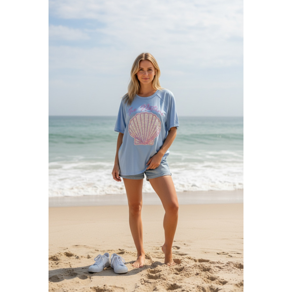 Oceanside Style Blue Shell Tee with Pearls and Sequin - Large